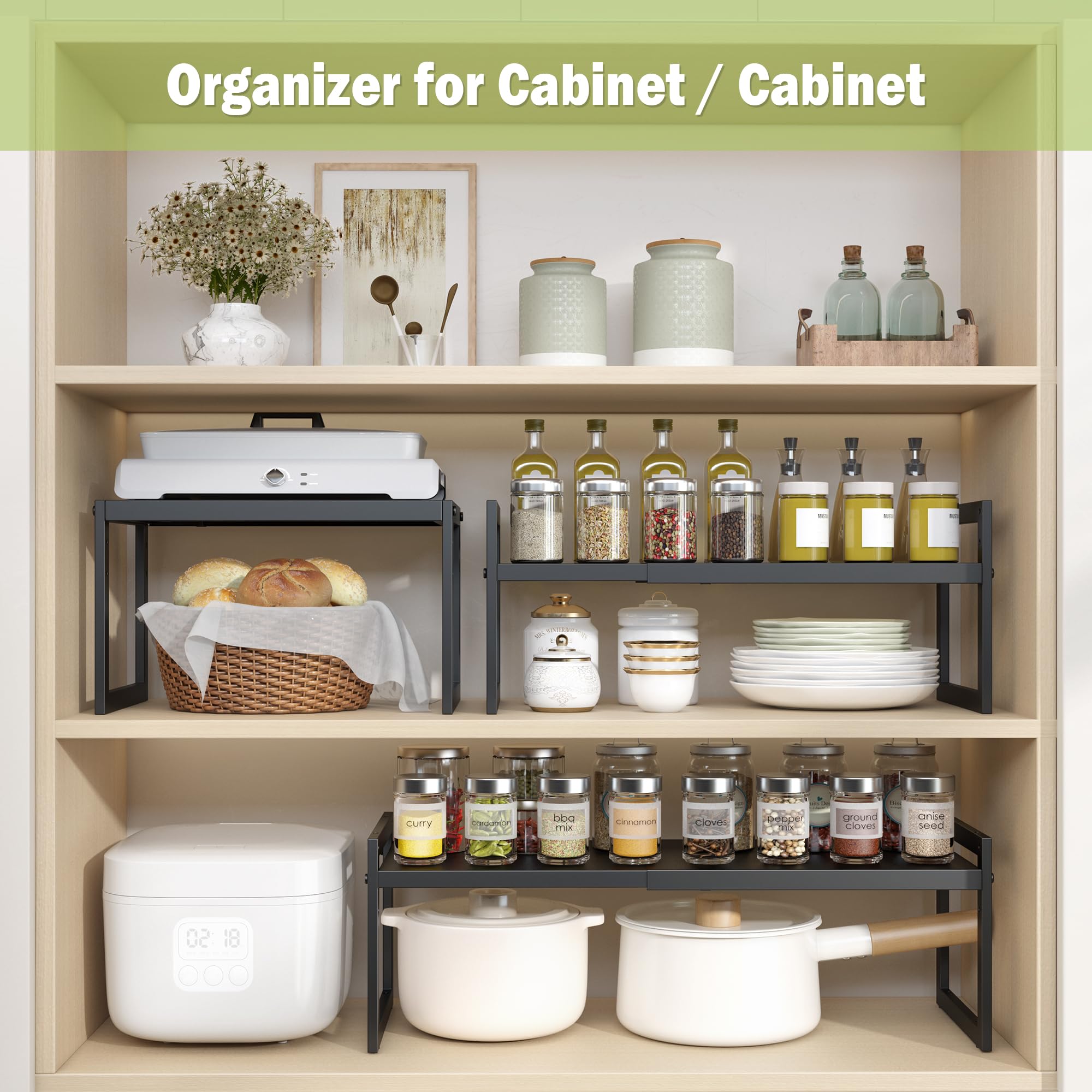 DOLALIKE Expandable kitchen Countertop Organizer, Stackable Cabinet Shelf Organizers, Space Saving Spice Rack Pantry Storage for Bathroom Office (Black, 1 Pack)