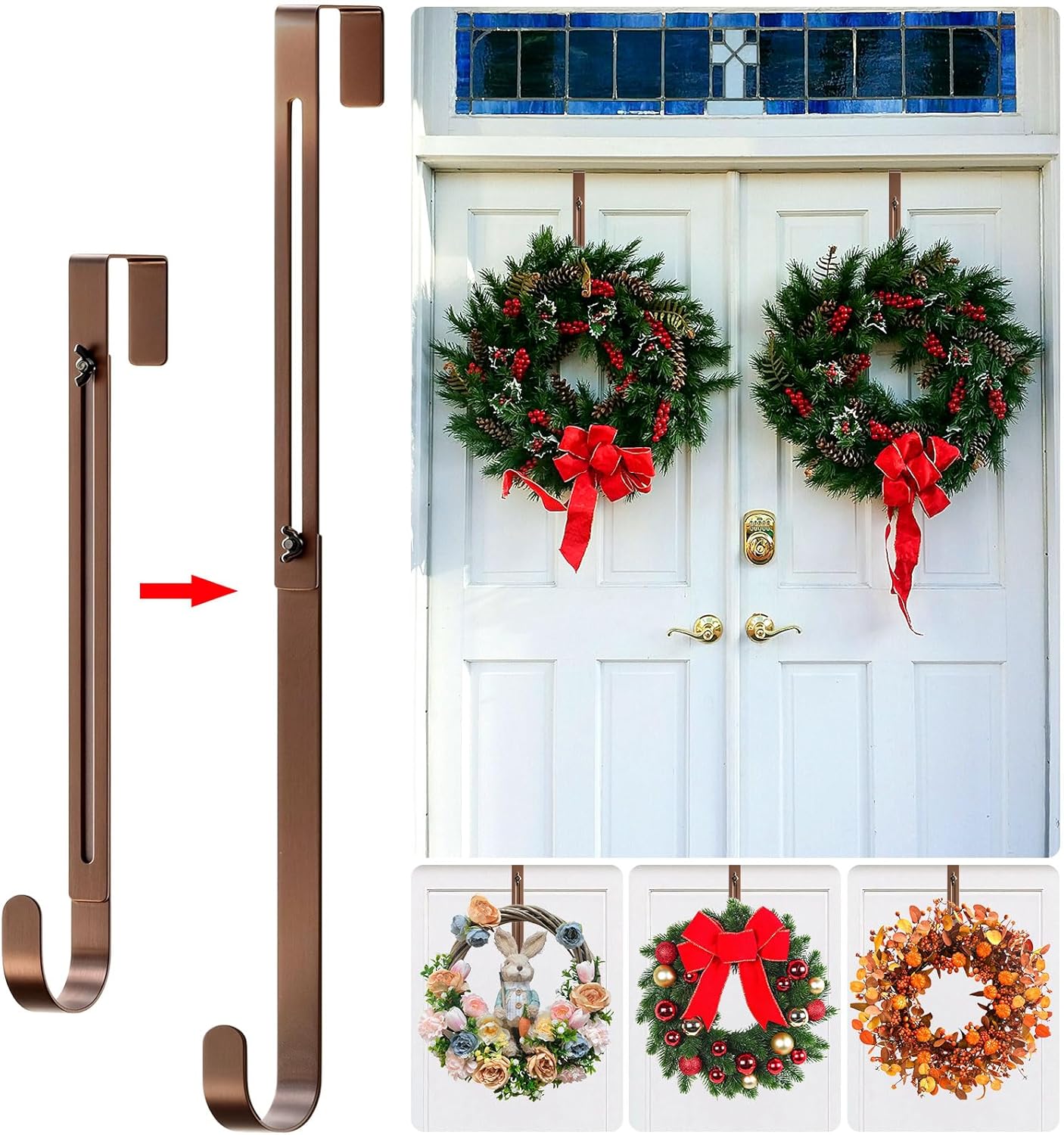 Skiennix 2-Pack Adjustable Wreath Hangers - Heavy Duty Metal Over The Door Hooks (12.5-20") for Easter & Welcome Signs