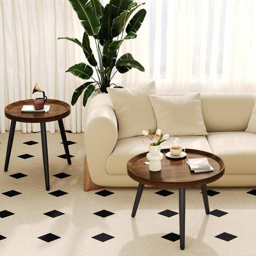 2 PCS Small Round Coffee Table Set, Mid Century Modern Coffee Tables for Living Room, Walnut Nesting Tables for Small Spaces, Easy Assembly Circle Wood Center Table,Black Nesting Coffee Table Set of 2