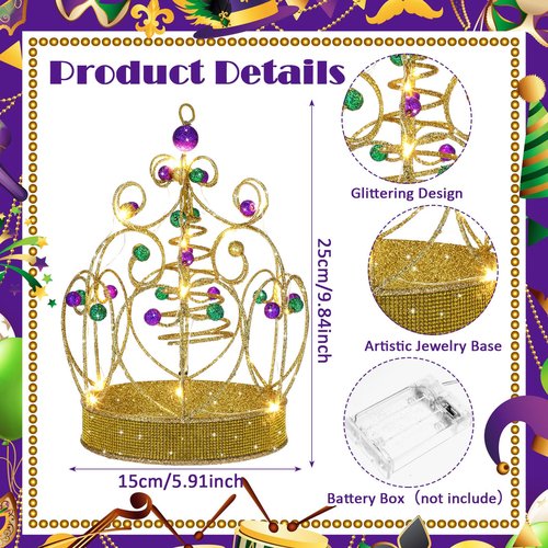 JolliLudo Mardi Gras Light up Jeweled Crown Tree Topper, 10.6" Mardi Gras Tree Glittered Ornament with Beads Battery Powered Warm Light, Metal Xmas Carnivals Spring Decorations for Holiday Decor