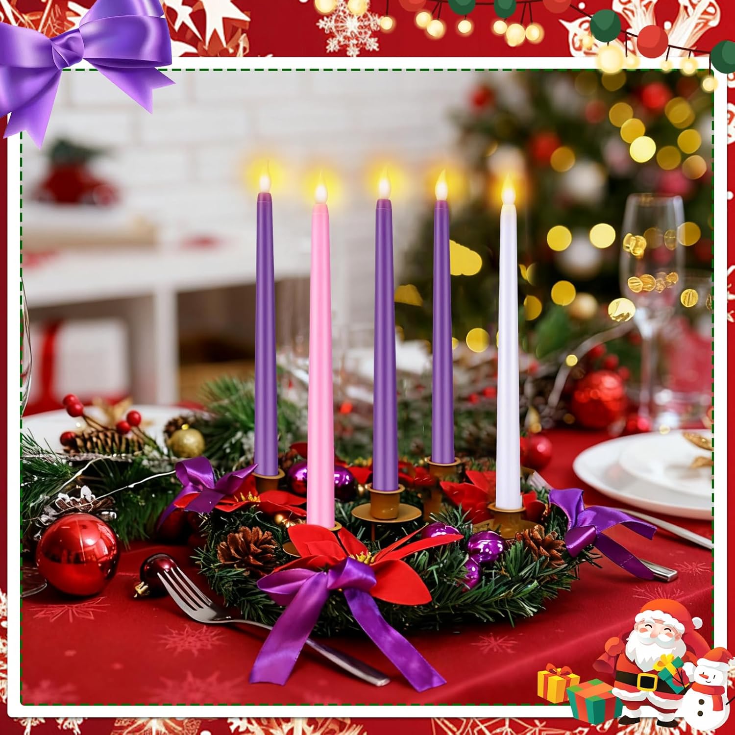 Skiennix 11-Inch Christmas Advent Wreath - 5 Flameless Taper Candles with Ribbon, Pine Cones & Poinsettias in Purple, Pink & White for Festive Table Decor