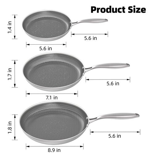 COOKER KING Stainless Steel Pans Set of 3 (8+10+12 Inch), Nonstick Frying Pans, Induction Pan Set, Chef's Pan, Skillets Dishwasher & Oven Safe, Stay-Cool Handles, Compatible with All Cooktops
