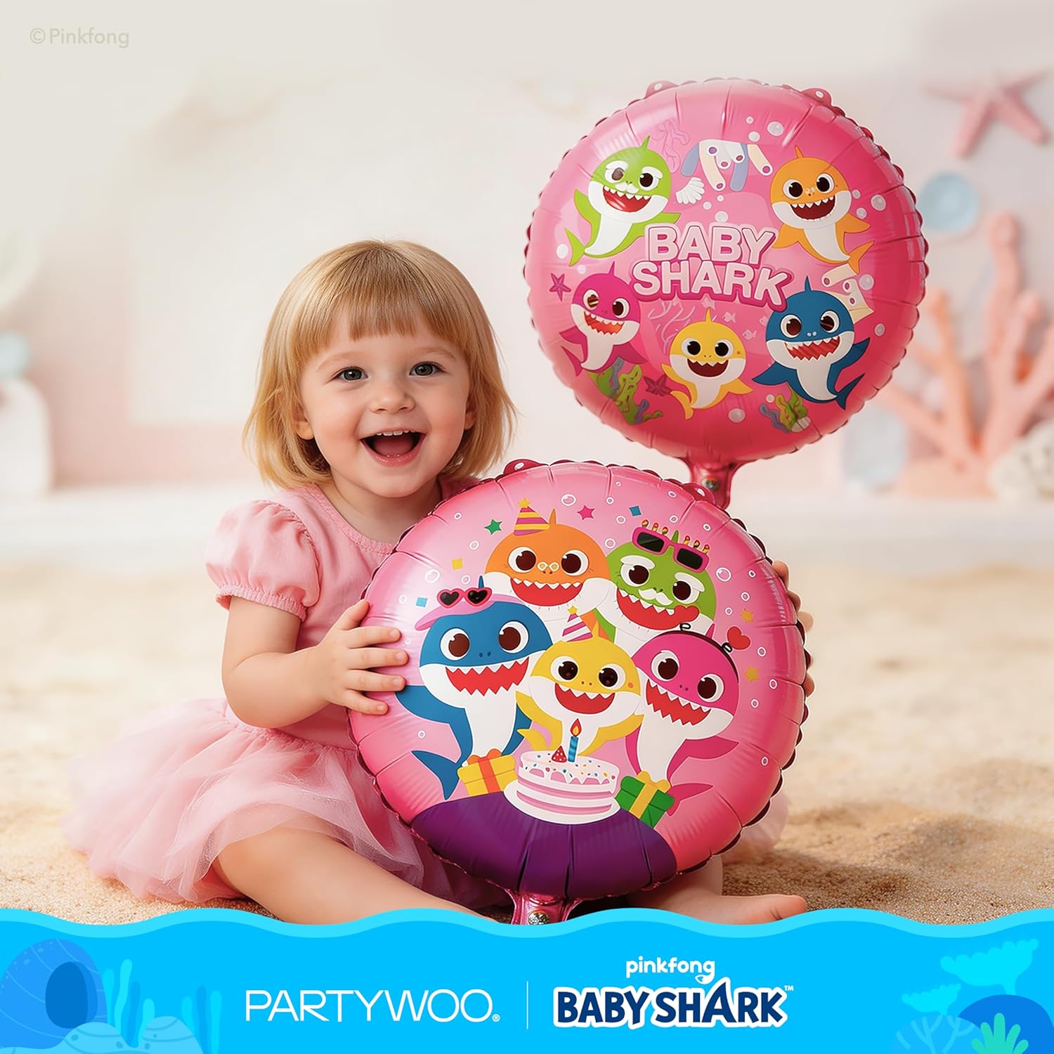 PartyWoo Baby Shark Pink Foil Number 2 Balloon - 5pcs 18-Inch Round Mylar Helium Birthday Decorations for Kids
