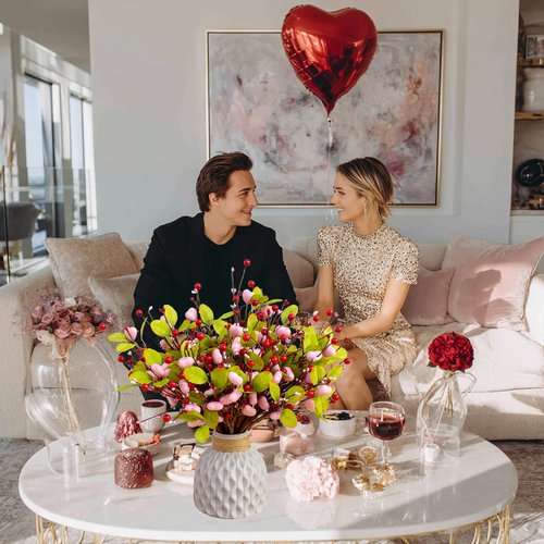 AXYLEX Valentines Day Decorations Floral Picks Stems - 8Pcs,16 Inch Artificial Pink Berry Heart Shaped Branches Gift for Wedding Home Vase Decor (PinkGreen)