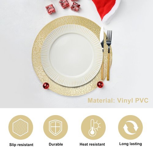 Snowkingdom Gold Placemats Round Set of 8, Gold Metallic Hollow Vinyl 15 Inch Round Placemat, Washable Wipeable Easy Clean Non Slip Stain Kitchen Dining Table Place Mats for Wedding Party Decoration