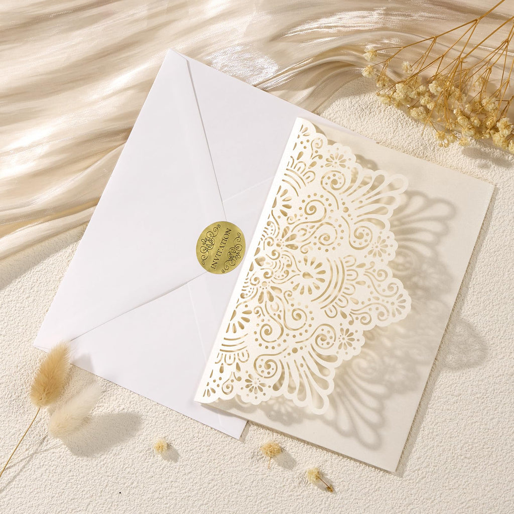 Mabbcoo 50PCS Custom Wedding Invitations with Envelopes and RSVP Cards, Blank Inner Sheets Party Invitation for Quinceanera Bridal Shower Birthday - Ivory