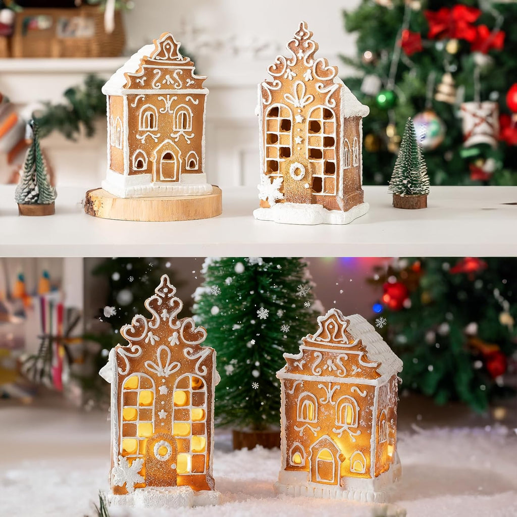 Skiennix Christmas Gingerbread Village House Figurines - Pre-Lit LED Table Decor | 2-Piece Set