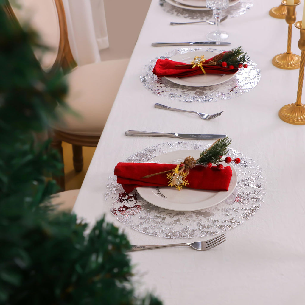 Snowkingdom Silver Disposable Placemats Set of 24 Foil Mesh 13 Inch Round Pressed Table Mates 24 Pack Silver Doilies for Dining Table Wedding Birthday Party Holiday Home Decoration