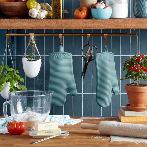 KitchenAid Ribbed Soft Silicone Oven Mitts - Heat Resistant 2-Pack Set, 7.5"x13", Mineral Water Aqua