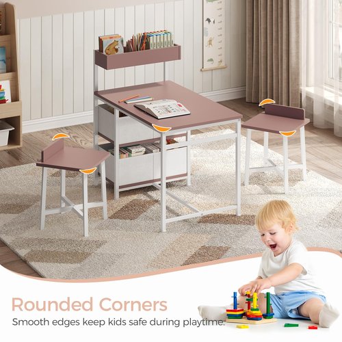 MAHANCRIS Kids Desk and Chair Set for 2, Toddler Table and Chair Set for 3-8 Years Old, Wooden Kids Study Desk for Writing & Drawing, Toddler Activity Table for Playroom, White and Pink KDBP12101