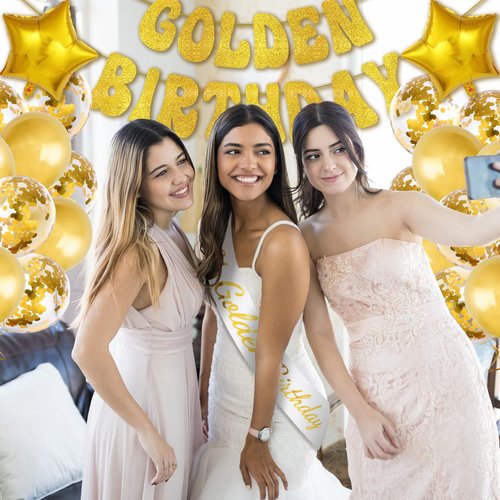 Golden Birthday Party Decorations Kit, It's My Golden Birthday Sash, Banner, Happy Gold Birthday Cake Topper, Fringe Curtain, Balloons for Women Men Gold Birthday Party Supplies