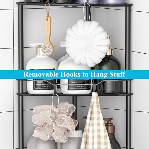 HuggieGems Corner Shower Caddy Organizer - 4 Tier Floor Standing Shelf Rack with Hooks, Matte Black