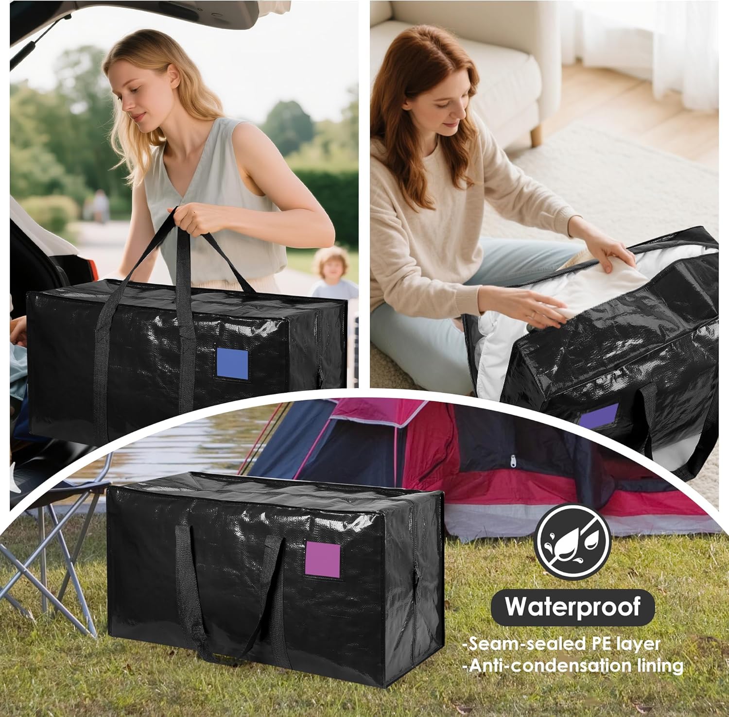 Skiennix Extra Large Heavy Duty Moving Bags - Moisture-Resistant Storage Bins with Reinforced Zipper & Wide Handles | Black, 6 Pack