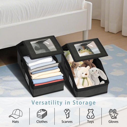 Uawsyut Stackable Hat Storage for Baseball Caps, 2 PCS Hat Storage Boxes for Closet, Holds up to 30 Caps with Cardboard, Hat Organizer for Women & Men(Two Clear Window) (Black)