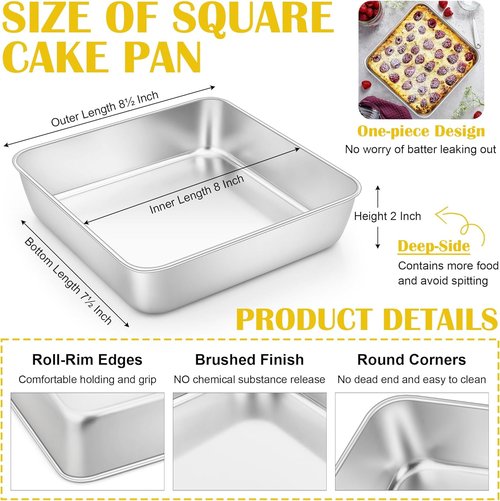E-far Stainless Steel 8x8 Inch Square Cake Pans - Set of 2, Non-Toxic & Dishwasher Safe Bakeware