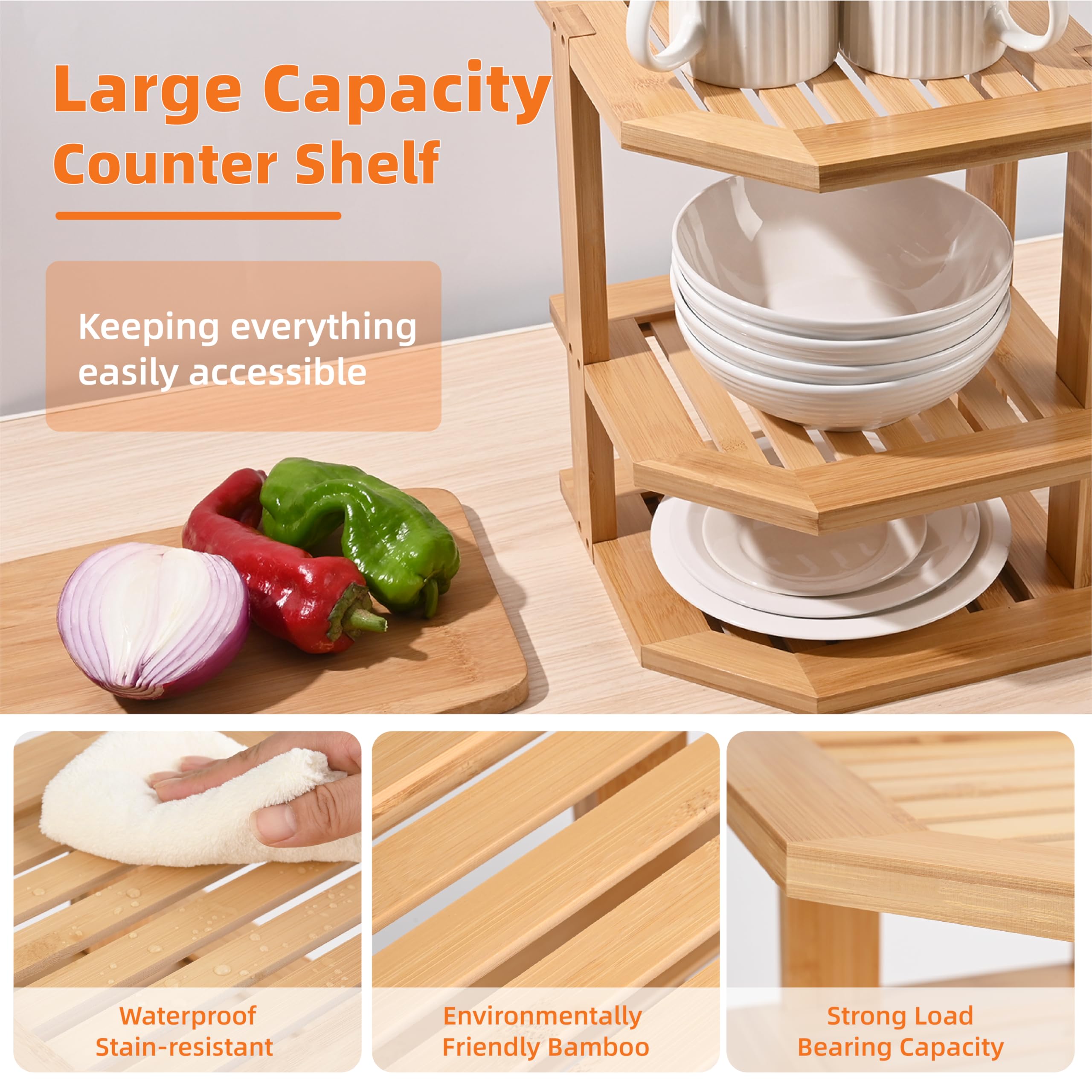 YUBAMIN Bamboo Kitchen Cabinet Organizer, 3 Tier Spice Rack Organizer for Cabinet, Space-Saving Spice Corner Shelf, Multi-Purpose Kitchen Counter Shelf for Spices, Plates, Fruits, Bread and Canned