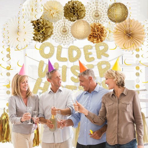 Roetyce Birthday Party Decorations, Gold Glitter Older Wiser Hotter Banner Photo Background for Women Men, Funny Happy Birthday Backdrop Decor, 30th 40th 50th 60th 70th 80th Party Supplies