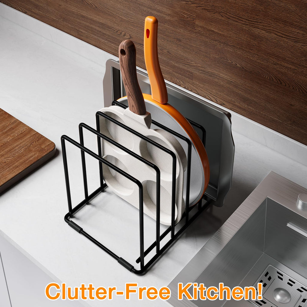 WUGEUSCH Kitchen Pan Organizer and Pot Rack, 5-Slot Steel Holder for Thin Pans, Baking Trays, and Cutting Boards - Space-Saving Storage