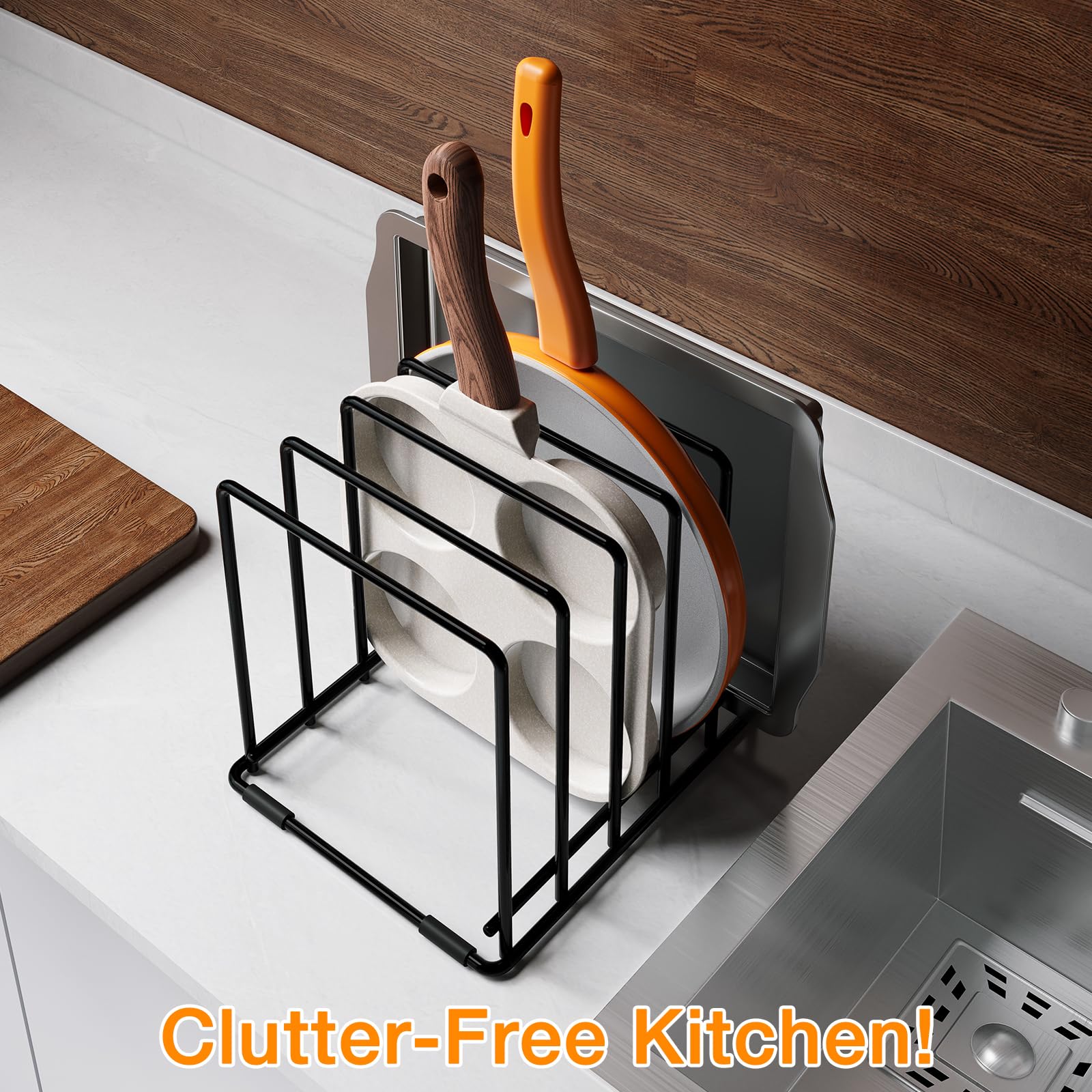 WUGEUSCH Kitchen Pan Organizer and Pot Rack, 5-Slot Steel Holder for Thin Pans, Baking Trays, and Cutting Boards - Space-Saving Storage