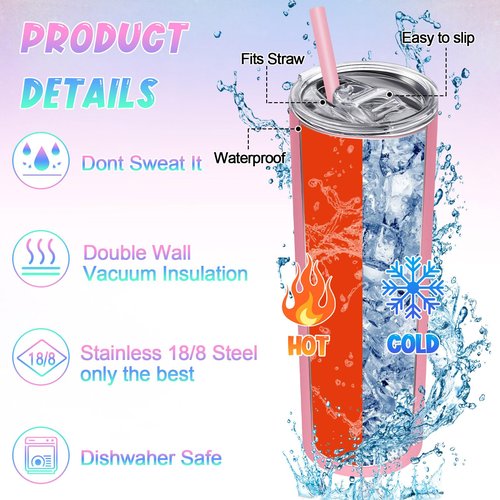 Potchen 12 Packs Glitter Skinny Tumblers with Lids and Straws Bulk, 20 oz Stainless Steel Double Wall Vacuum Insulated Cup Coffee Tumbler Travel Water Mug for Hot Cold Drink, Rainbow Colors