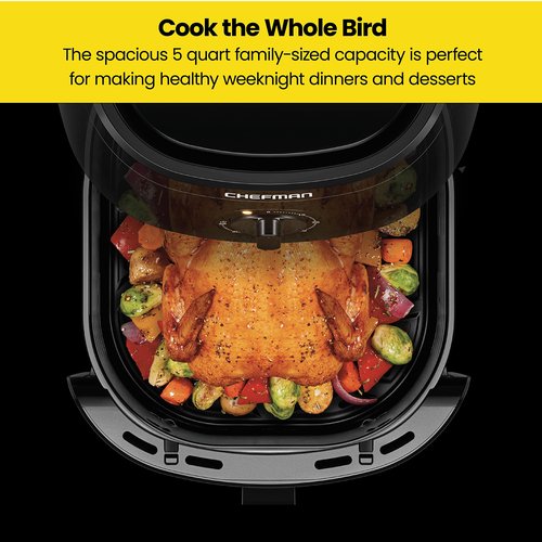Chefman TurboFry 5-Quart Air Fryer, Integrated 60-Minute Timer for Healthy Cooking, Cook with 80% Less Oil, Adjustable Temperature Control, Nonstick Dishwasher-Safe Basket and Tray, Black