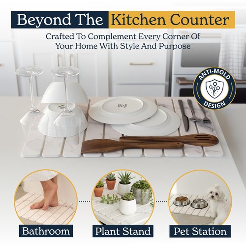 Oleex 3-Pack Stone Dish Drying Mat Set for Kitchen Counter-Collapsible Diatomaceous Earth Pad Absorbs Water & Dries Dishes Fast | Includes 1 Large 24”x16” & 2 Small 4”x9” Non-slip, Odor-Resistant Mats