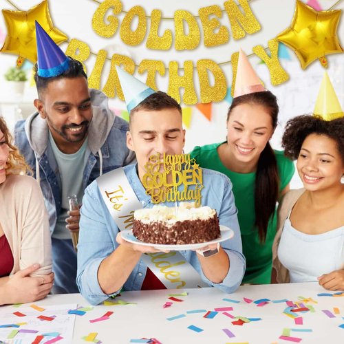 Golden Birthday Party Decorations Kit, It's My Golden Birthday Sash, Banner, Happy Gold Birthday Cake Topper, Fringe Curtain, Balloons for Women Men Gold Birthday Party Supplies