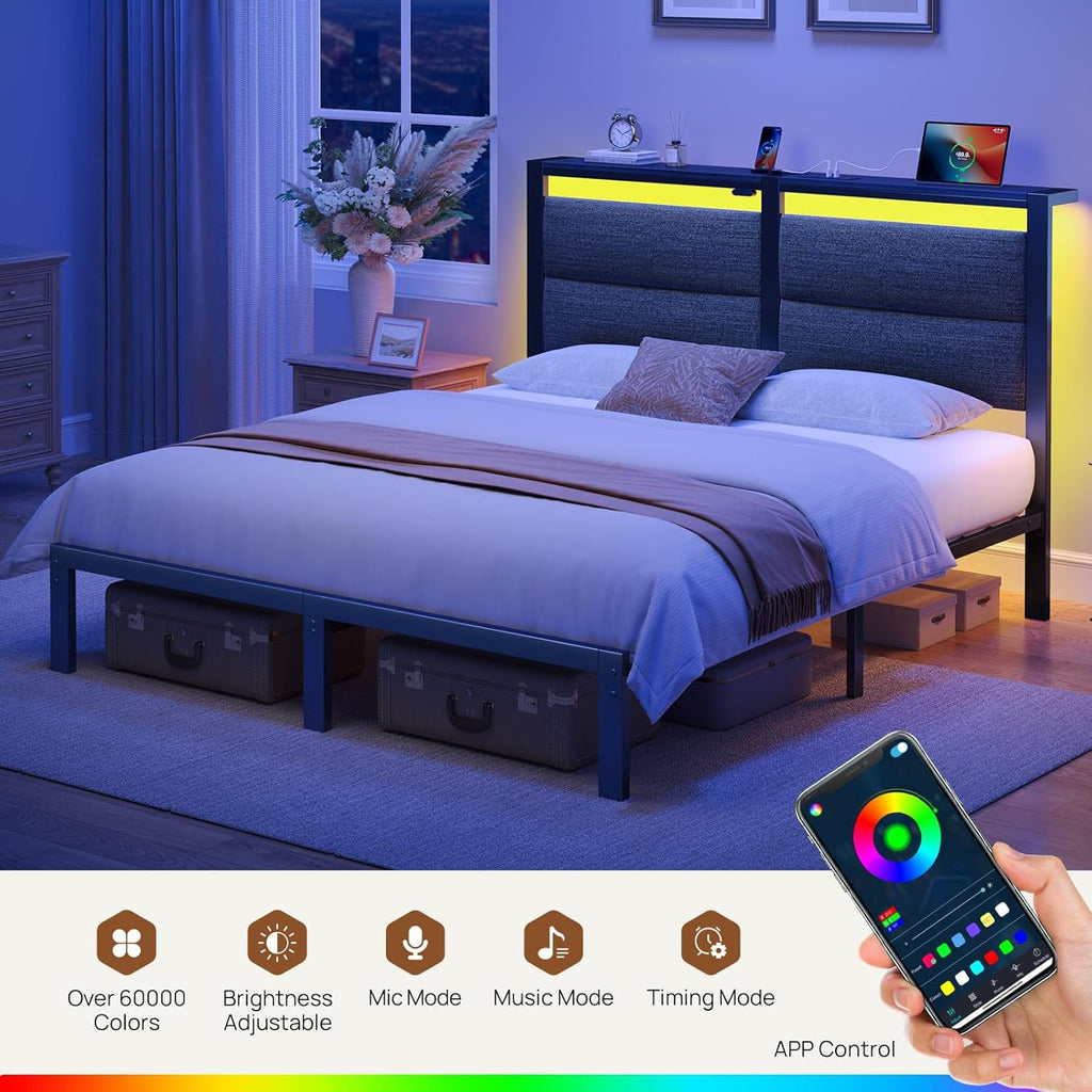 Rolanstar Full Size Bed Frame - Upholstered Storage Headboard with Charging Station & LED Lights | Grey