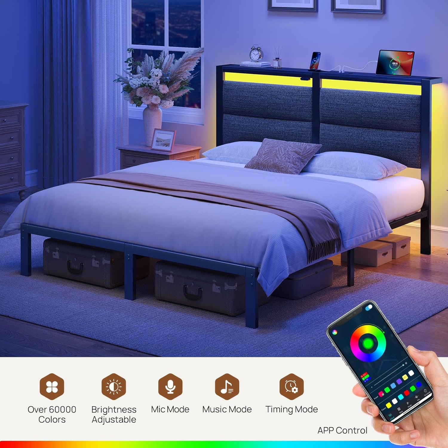 Rolanstar Full Size Bed Frame - Upholstered Storage Headboard with Charging Station & LED Lights | Grey