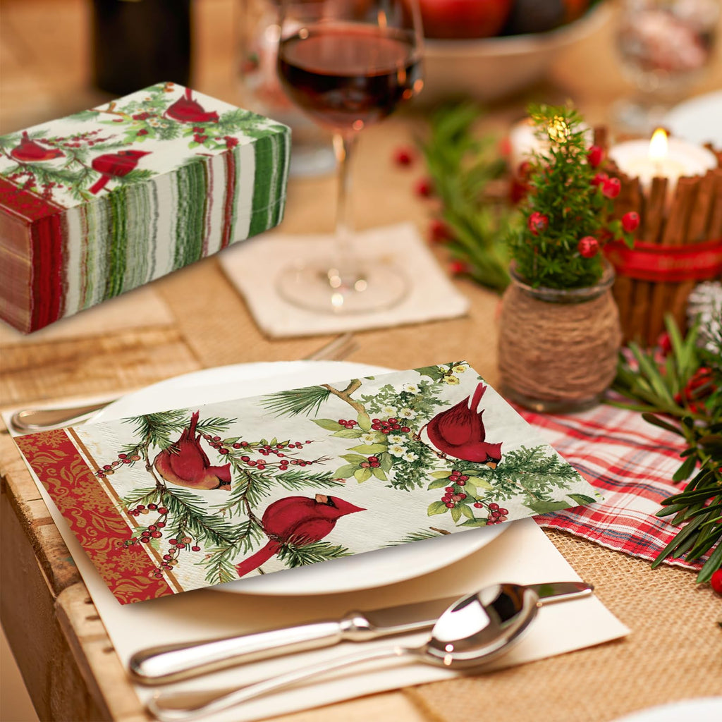 JarThenaAMCS 80Pcs Christmas Paper Guest Napkins Vintage Cardinal Bird Berry Bathroom Napkins Xmas Winter Disposable Guest Hand Towel Napkin for Home Party Supplies