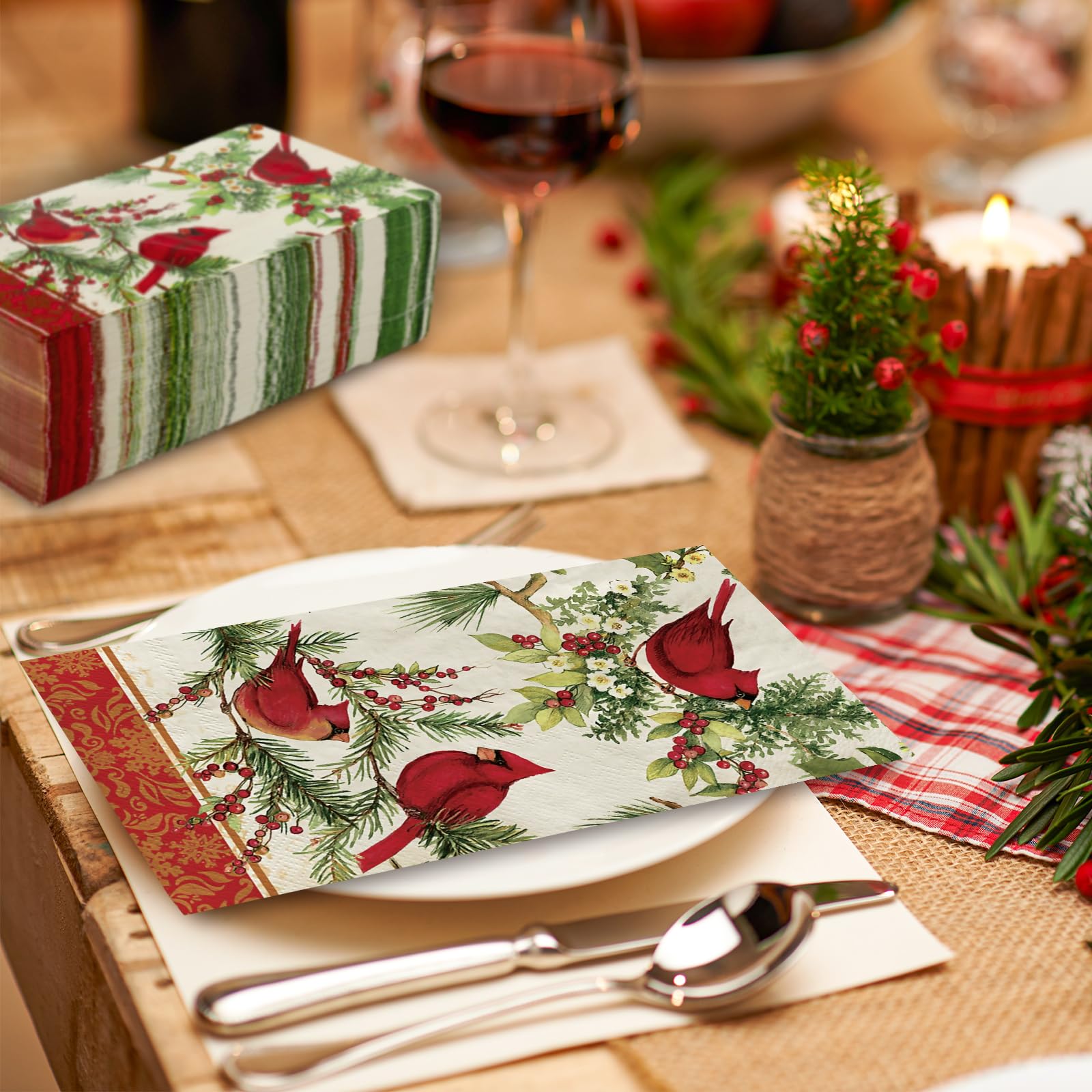 JarThenaAMCS 80Pcs Christmas Paper Guest Napkins Vintage Cardinal Bird Berry Bathroom Napkins Xmas Winter Disposable Guest Hand Towel Napkin for Home Party Supplies