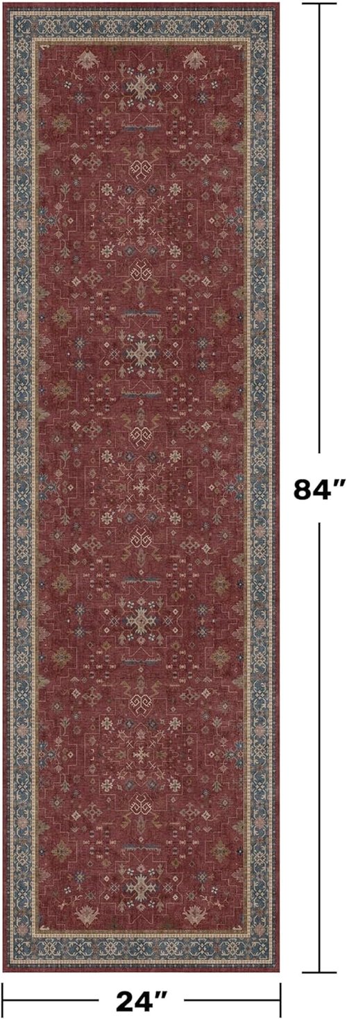 Boho 2x7 Long Runner | Washable Non-Slip Indoor Floor Mat - Dark Red Floral Design for Kitchen & Entryway