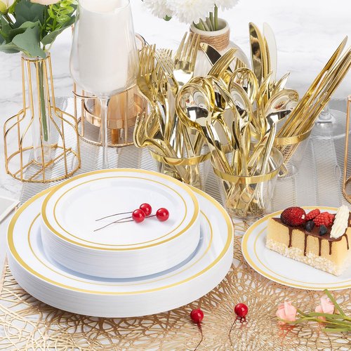 BESTVIP 600PCS Gold Plastic Plate Set (100 Guests), Plastic Plates for Party Wedding Birthday, Disposable Dinnerware Set of 200 Plates, 200 Forks, 100 Spoons, 100 Knives for Christmas