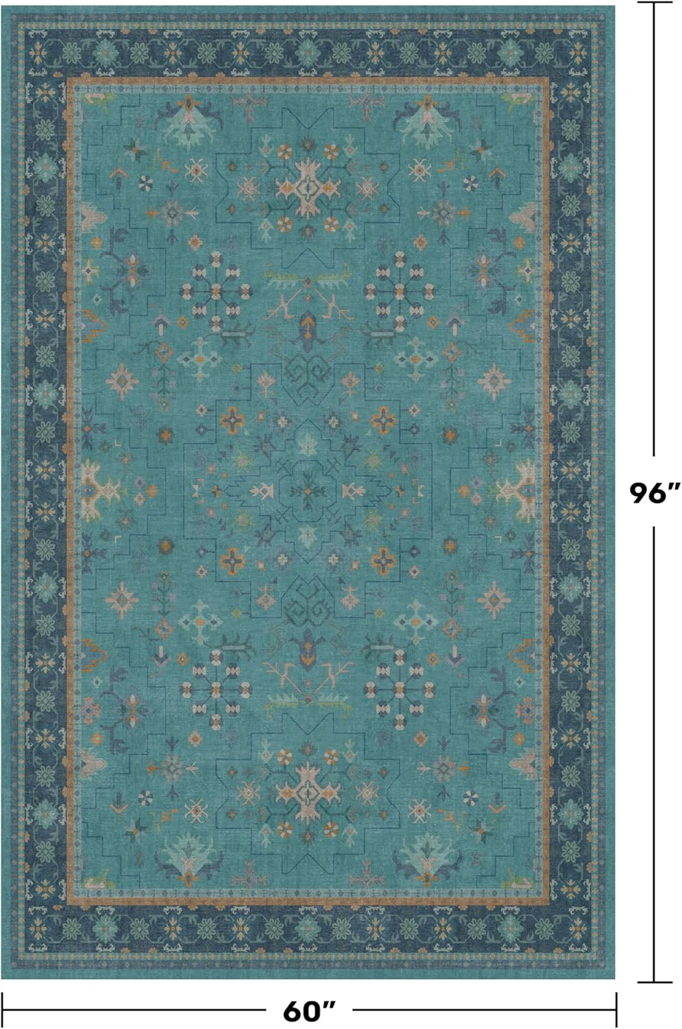 Regine Switzerland Washable Teal Rug - Modern Floral Low-Pile Non-Skid Carpet | 5x8 Size for Living Room & Bedroom