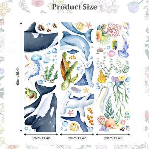 Whales Under The Sea Wall Decals, Sea Turtles Dolphin Jellyfish Wall Stickers Rays Coral Seaweed Peel and Stick Wall Decal Self Adhesive Wall Art Sticker for Baby Nursery Kids Room Home Decor