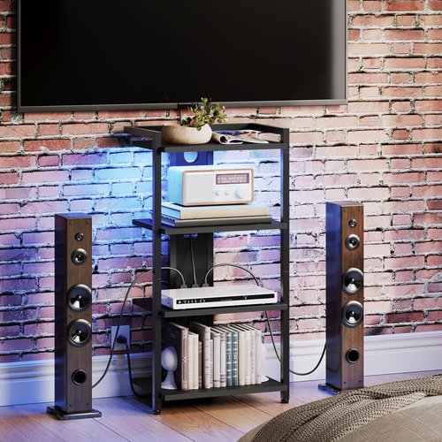HOOBRO 4-Tier AV Media Stand with Charging Station and LED Light, Wooden Stereo Stand, Rack Audio Tower, Corner TV Stand, Entertainment Device, Black BB38UDCJ01