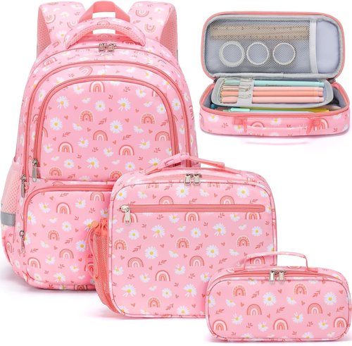 Fimibuke Kids Backpack - 3-in-1 Set with Lunch Box & Pencil Case for Girls, Daisy Design, Ages 3-12