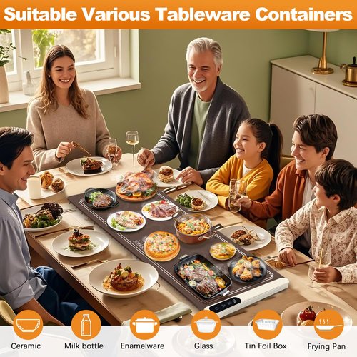 Warming Mat for Food Extra Large 35 Inch, Graphene Food Warming Mat,Heating Food Warmer 7MM Raised Feet,Electric Warming Tray Rollable & Portable,6 Level Temp & 6 Timer Setting, Brown(36.02" x 15.75")