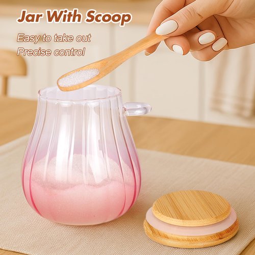 Arrozon 15 oz Pink Sugar Bowl with Bamboo Lid and Spoon,Pink Kitchen Decor and Accessories,Glass Jar with Airtight Lid, Brown Sugar Keeper, Sugar Container for Coffee Bar and office