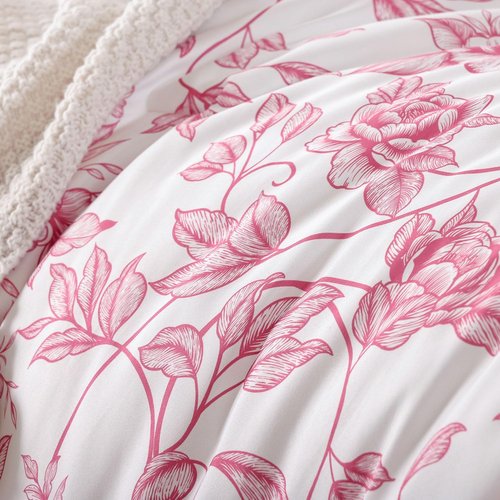 JANZAA Queen Size Comforter Set - Pink Floral Comforter, 3 Piece Cute Floral Bedding for All Season, 1 Soft Fluffy Breathable Microfiber Spring Comforter Set with 2 Pillow Shams