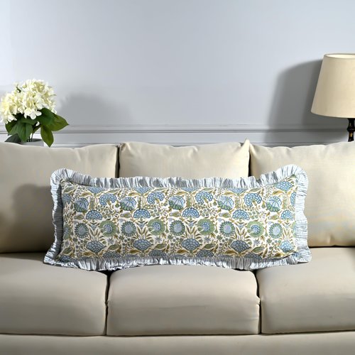 Ridhi Block Print Asparagus Green 36"x14" Set 1-100% Cotton Ruffle Lumbar Sham Cover Boho Floral Pillowcase, Farmhouse Cottagecore Bedding, Soft Decorative Cover Gift for Spring, Easter, Valentine