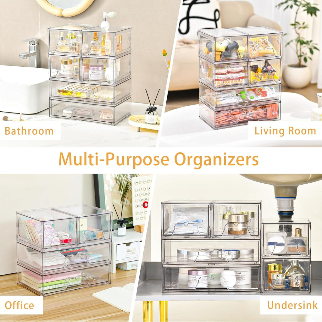 Stebopum Clear Acrylic Storage Drawers - 4 Pack Stackable Makeup Organizer for Bathroom & Vanity
