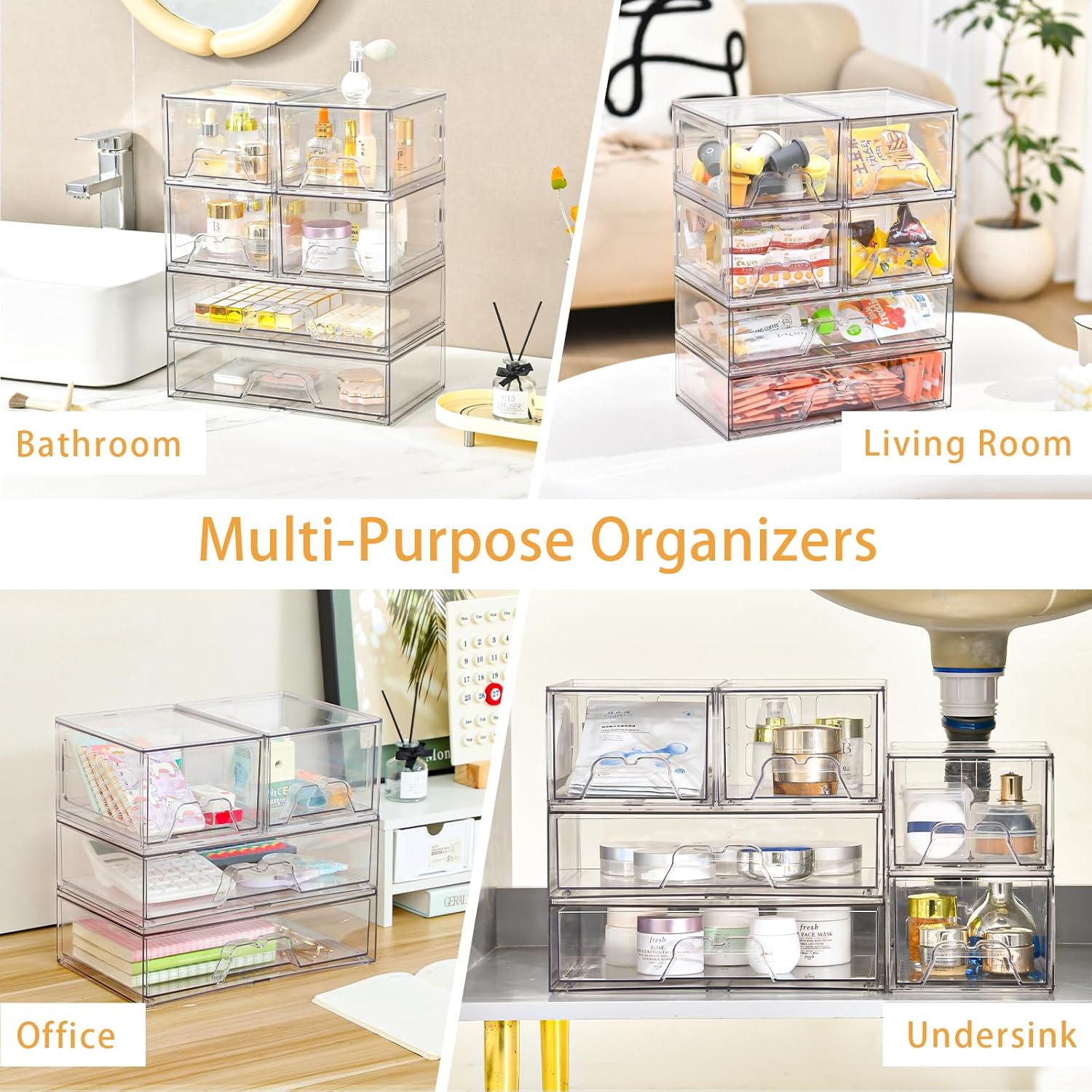 Stebopum Clear Acrylic Storage Drawers - 4 Pack Stackable Makeup Organizer for Bathroom & Vanity