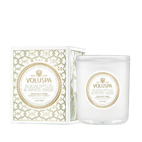 Voluspa Eucalyptus & White Sage, Classic Boxed Candle, 9.5 oz, 60 Hour Burn Time, Coconut Wax for Clean Burning, Handcrafted in the USA