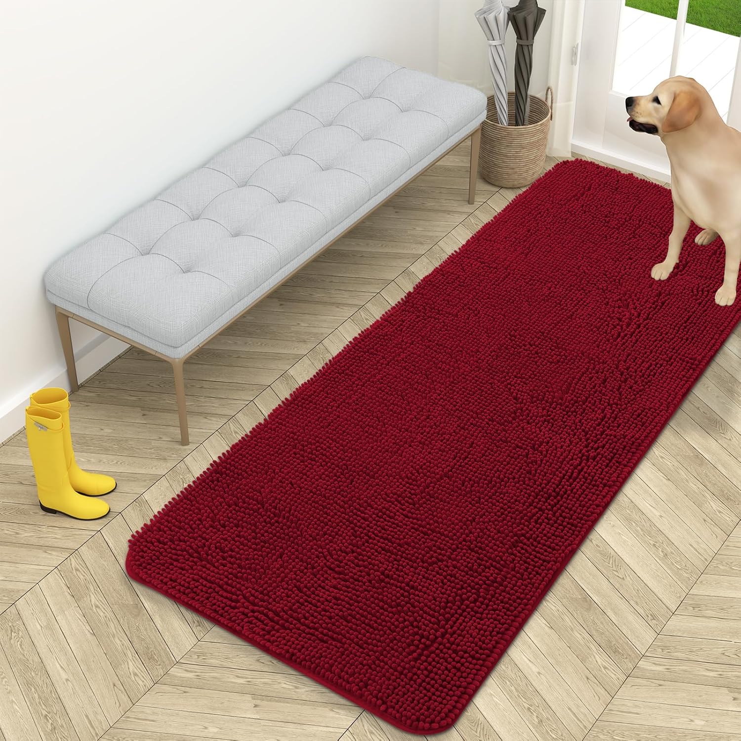OLANLY Dog Door Mat - Absorbent Non-Slip Chenille Mat for Muddy Paws | 59x24 Inches, Quick Dry, Red