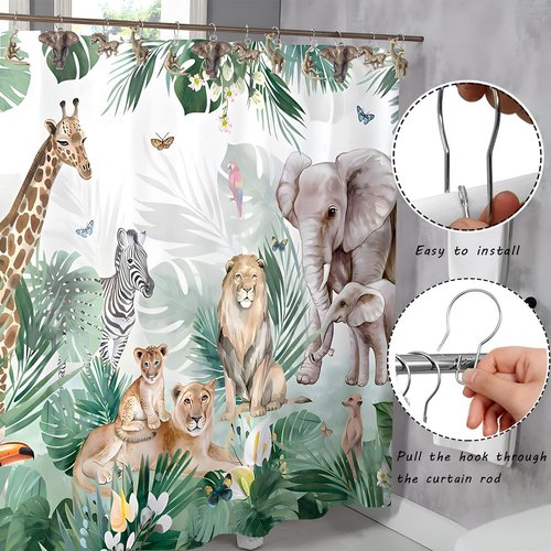 YRMLYMOP Jungle Shower Curtain Hooks,12 Pcs Animal Shower Curtain Hooks, Rainforest Elephant Zebra Monkey Giraffe Tropical Safari Bathroom Curtain House Bathroom Decor Accessorie, Stainless Steel Ring