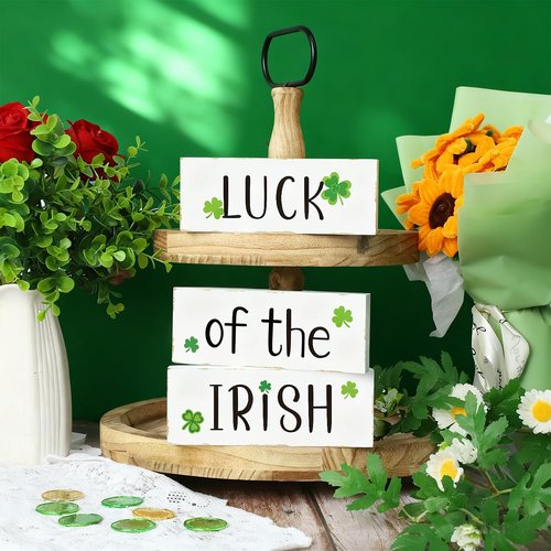 3Pcs Valentine's Day Decoration Reversible Wooden Table Centerpiece Blocks Double Sided Printing Valentine Day Hugs and Kisses Sign St Patrick's Wood Tabletop for Tiered Tray Shelf Office Desk Home Indoor