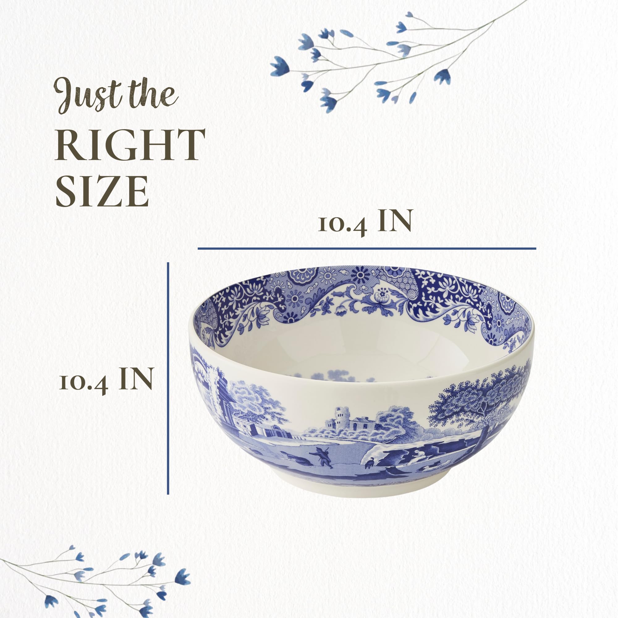 Spode Blue Italian Deep Round Bowl | 10.75 Inch Porcelain Serving Bowl for Salad | Fruit Display Dish for Kitchen Counter | Microwave and Dishwasher Safe | Made in England