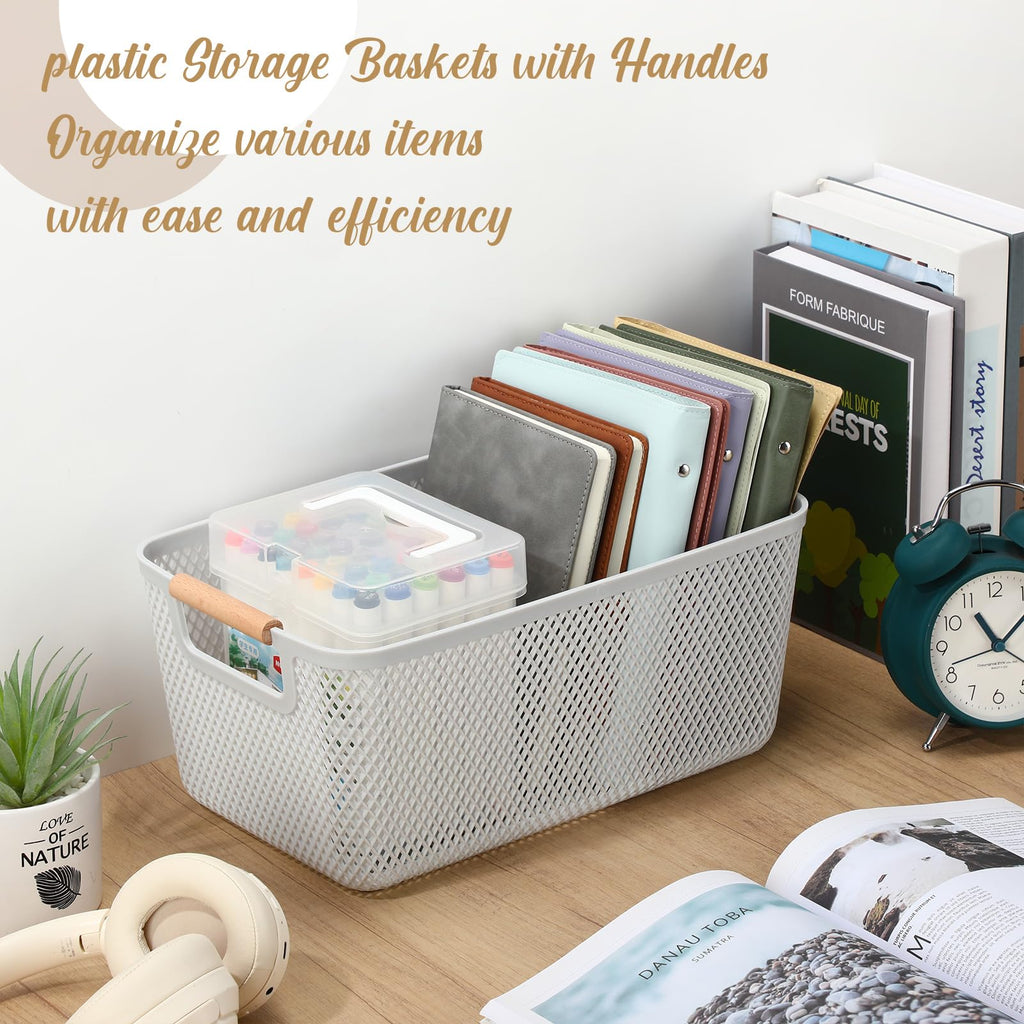 Ziliny 4 Pcs Plastic Mesh Baskets with Handles - Mesh Storage Hanging Organizer Bin Container Baskets for Home Organizing Pantry Closet Cabinet Kitchen Fridge Fruit Snacks Gifts, Grey(Large)