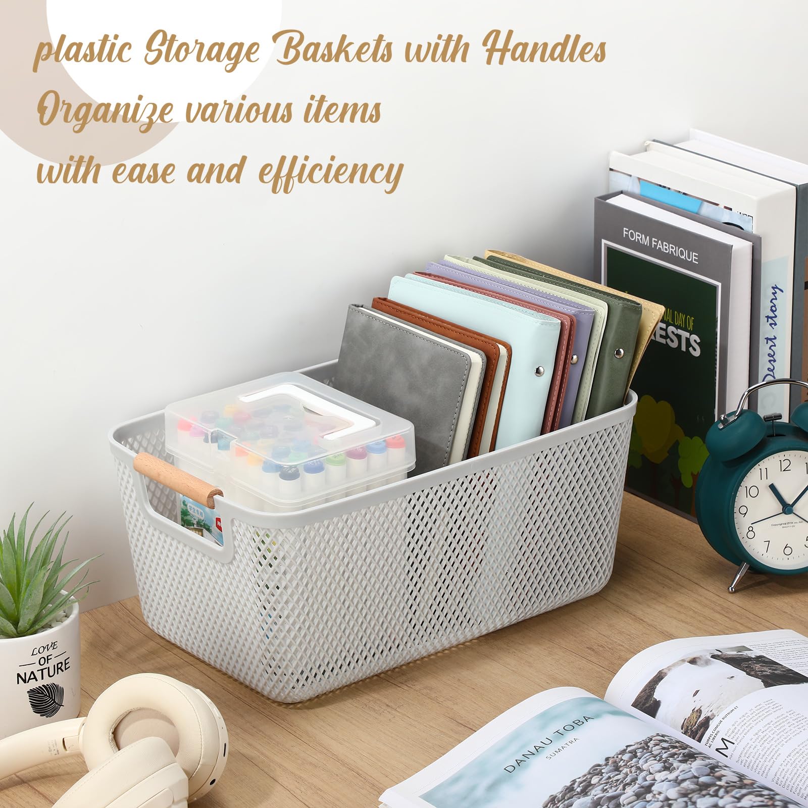 Ziliny 4 Pcs Plastic Mesh Baskets with Handles - Mesh Storage Hanging Organizer Bin Container Baskets for Home Organizing Pantry Closet Cabinet Kitchen Fridge Fruit Snacks Gifts, Grey(Large)